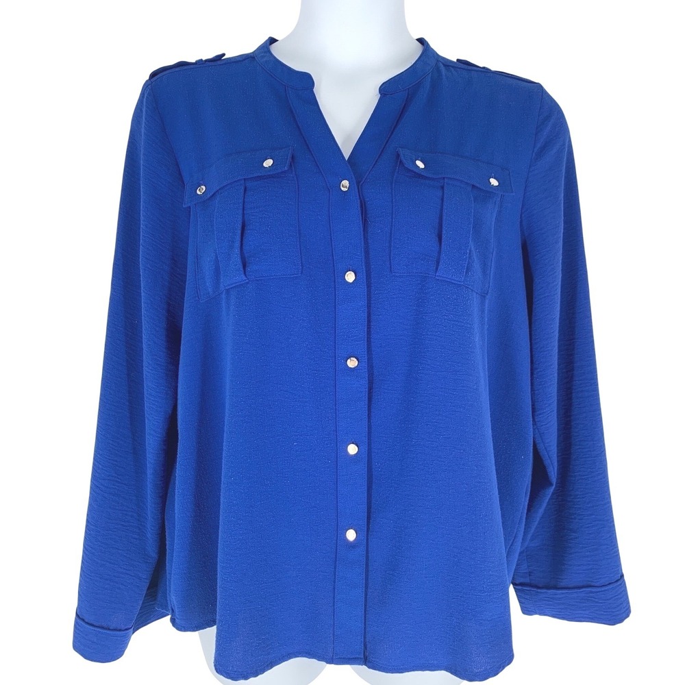 Calvin Klein XL Blue Button Front Blouse Roll Tab Sleeve Workwear